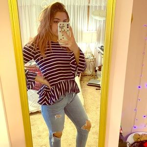 Navy and white striped blouse with bell sleeves